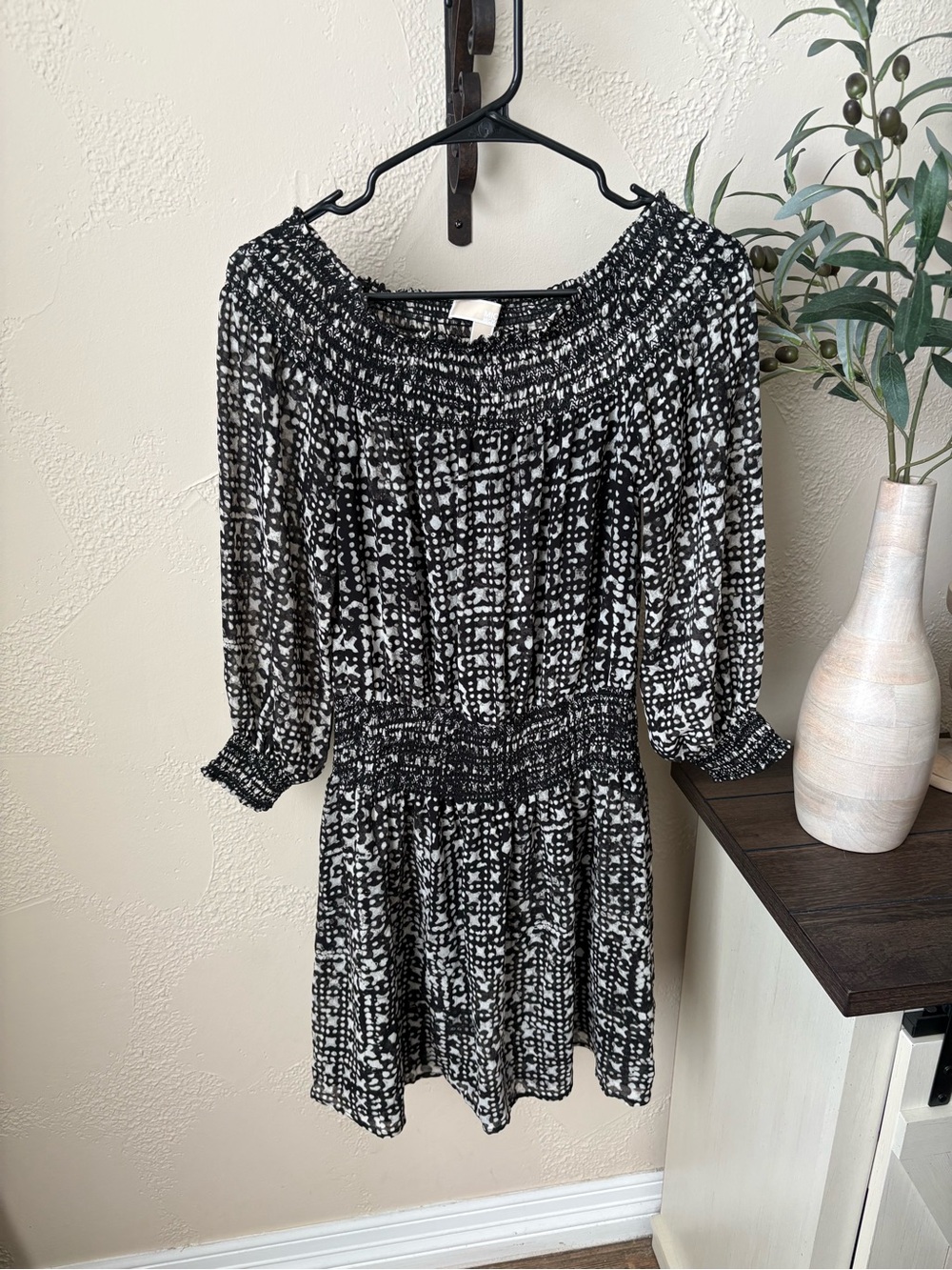 Michael Kors Black and White Printed Smocked Mini Dress